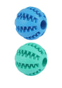 Durable blue and green dog treat toy balls for fun and interactive play.
