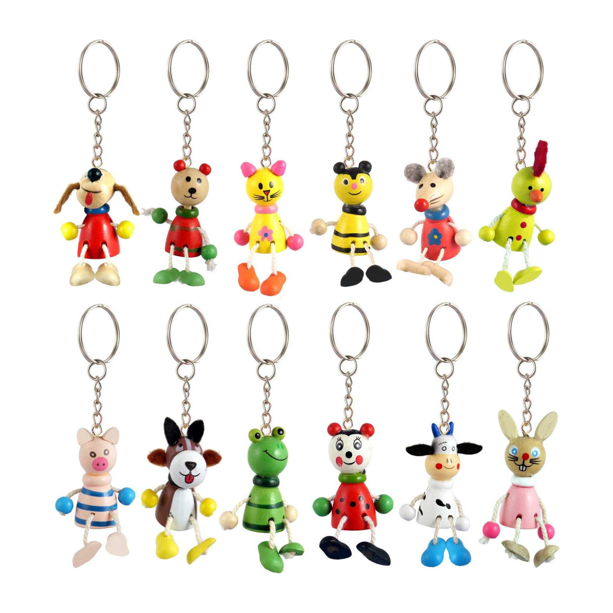 Wooden animal keychain assortment with 12 unique designs, 5cm.