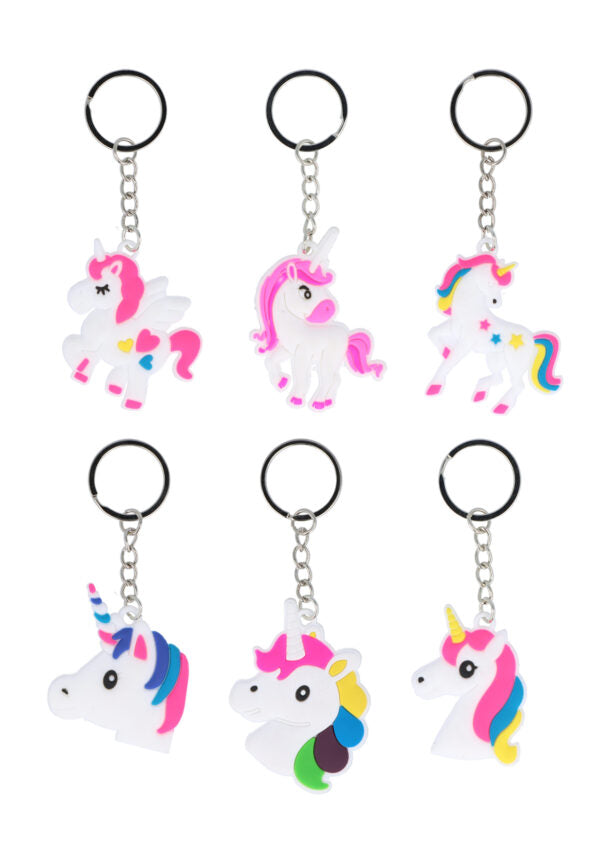 Unicorn keychain set with six assorted designs for whimsical style.