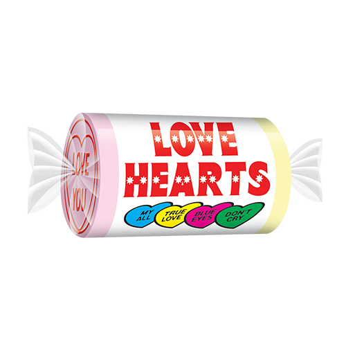 Mini Love Hearts sweets in colorful packaging displaying affectionate messages.