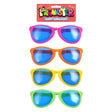 Giant novelty sunglasses in four bright colors: pink, orange, yellow, and green.