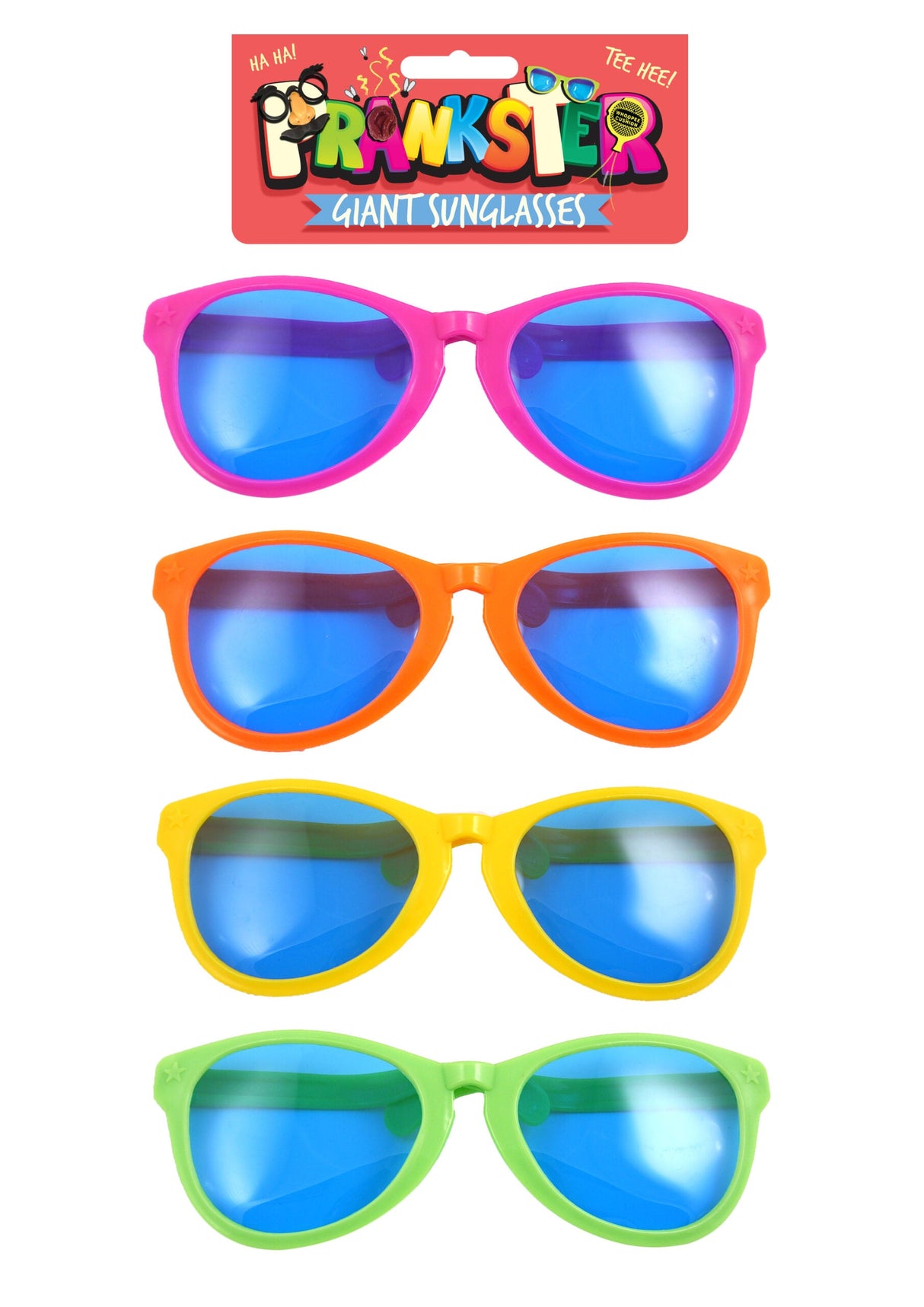 Giant novelty sunglasses in four bright colors: pink, orange, yellow, and green.
