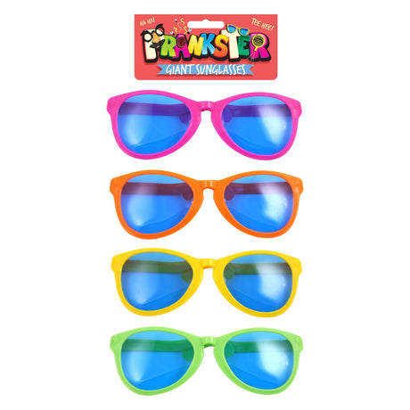 Giant novelty sunglasses in four bright colors: pink, orange, yellow, and green.