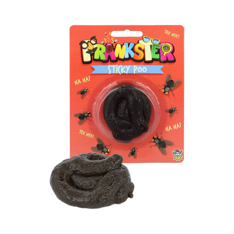 Sticky Poo prank toy in packaging with flies illustration.