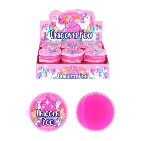 Glittery pink unicorn poo slime tub, ideal for party favors and stress relief.