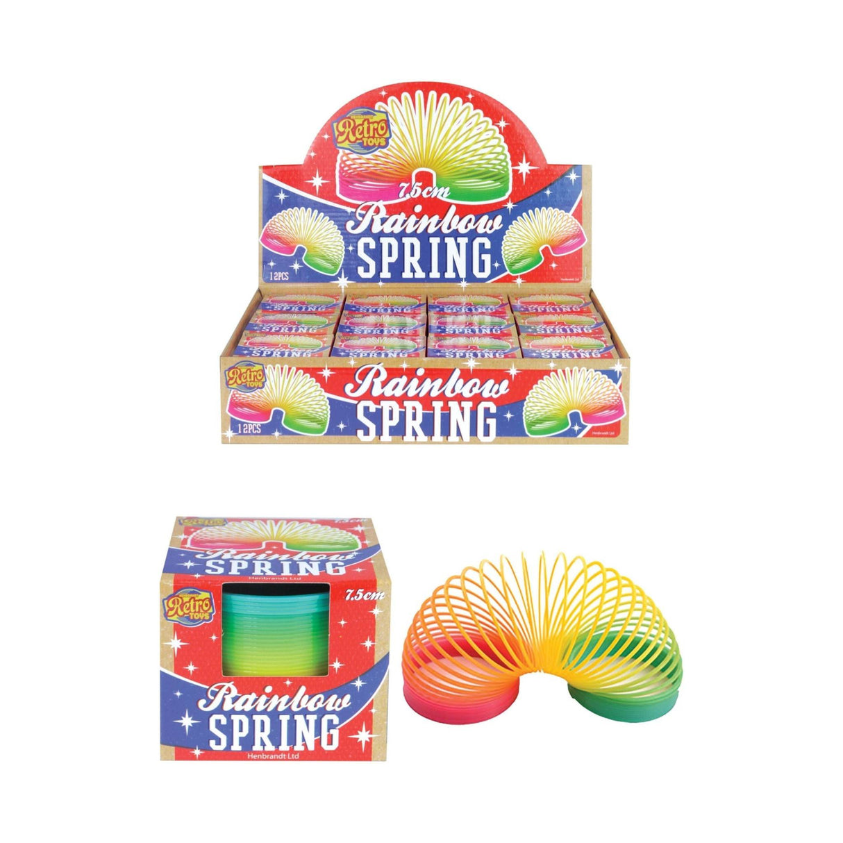 Vibrant Rainbow Spring toy in colorful packaging for endless play.