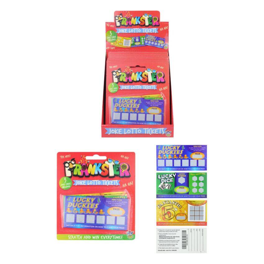 Joke Lotto Tickets prank pack with three assorted designs for entertainment and fun.