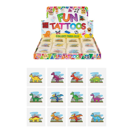 Mini Dinosaur Temporary Tattoos 12 Piece Pack with colorful designs.