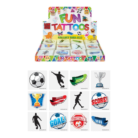 Mini Football Temporary Tattoos pack with 12 designs, featuring football-themed images, ideal for fans and game days.