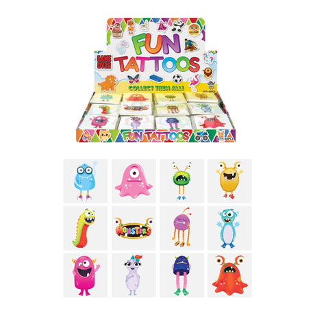 Mini Alien Monster Temporary Tattoos pack with 12 colorful designs, each 4cm, featuring playful extraterrestrial characters.