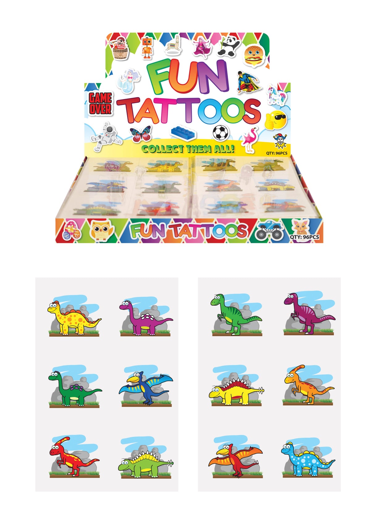 Mini Dinosaur Temporary Tattoo Sheets 6 Designs per sheet (4cm) Quantities of 96
