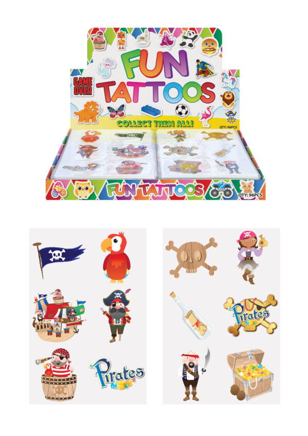 Pirate Tattoo pack with 12 unique designs, perfect for themed parties.