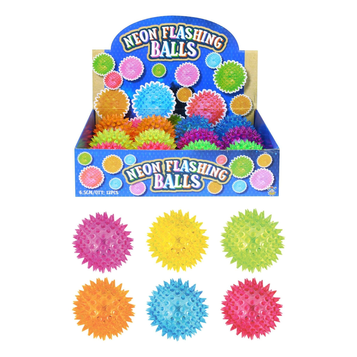 Neon flashing spikey balls in 6.5cm size, available in six assorted bright colors.
