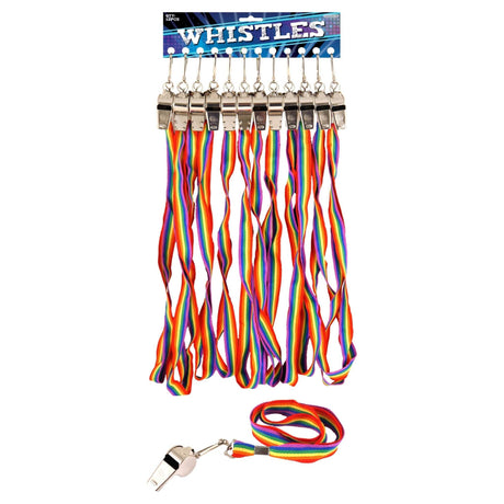 Metal whistle with rainbow cord for festivals and parades.
