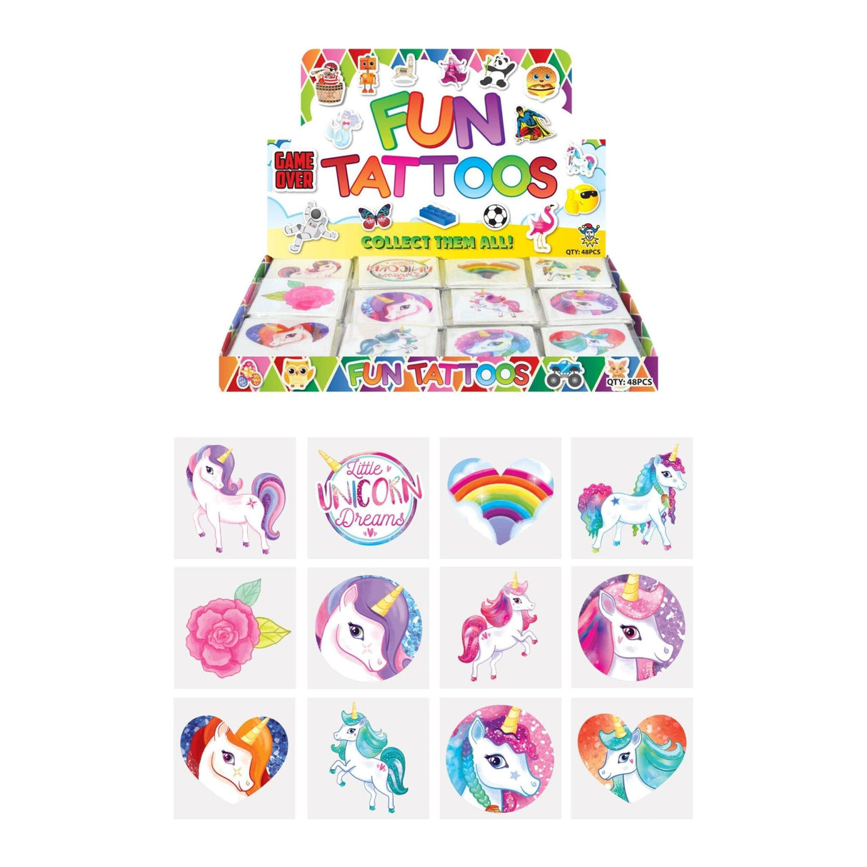 Mini Unicorn Temporary Tattoos pack, featuring 12 colorful unicorn designs, each 4cm in size.
