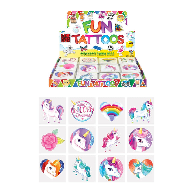 Mini Unicorn Temporary Tattoos pack, featuring 12 colorful unicorn designs, each 4cm in size.