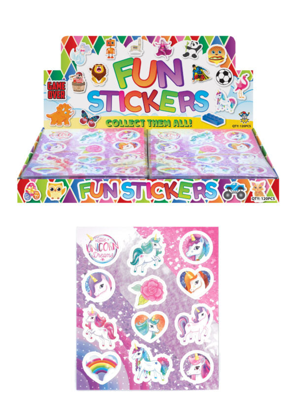 Sparkly unicorn sticker sheet with whimsical designs for notebooks and laptops.