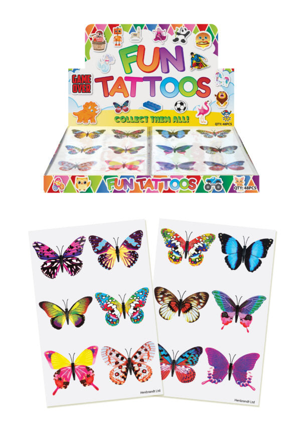 Butterfly tattoo pack of 12 with various colorful designs.