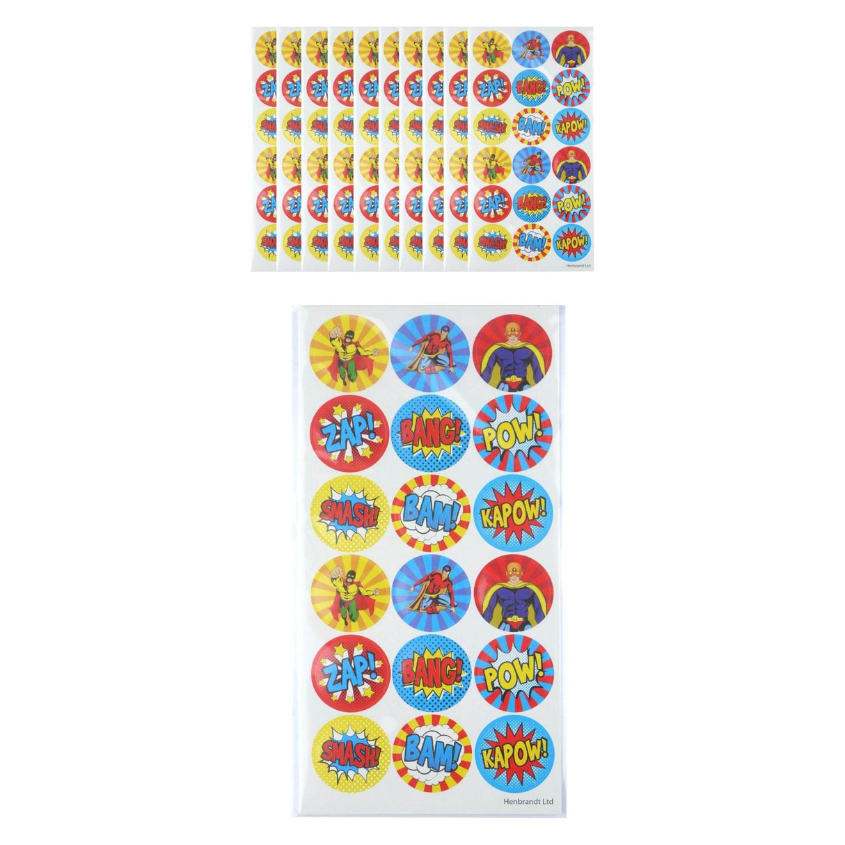 Superhero comic impact stickers, 180 pack, colorful action graphics.