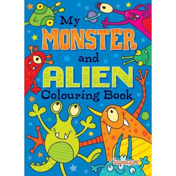 My Monster and Alien Colouring Book cover with colorful monsters and aliens.