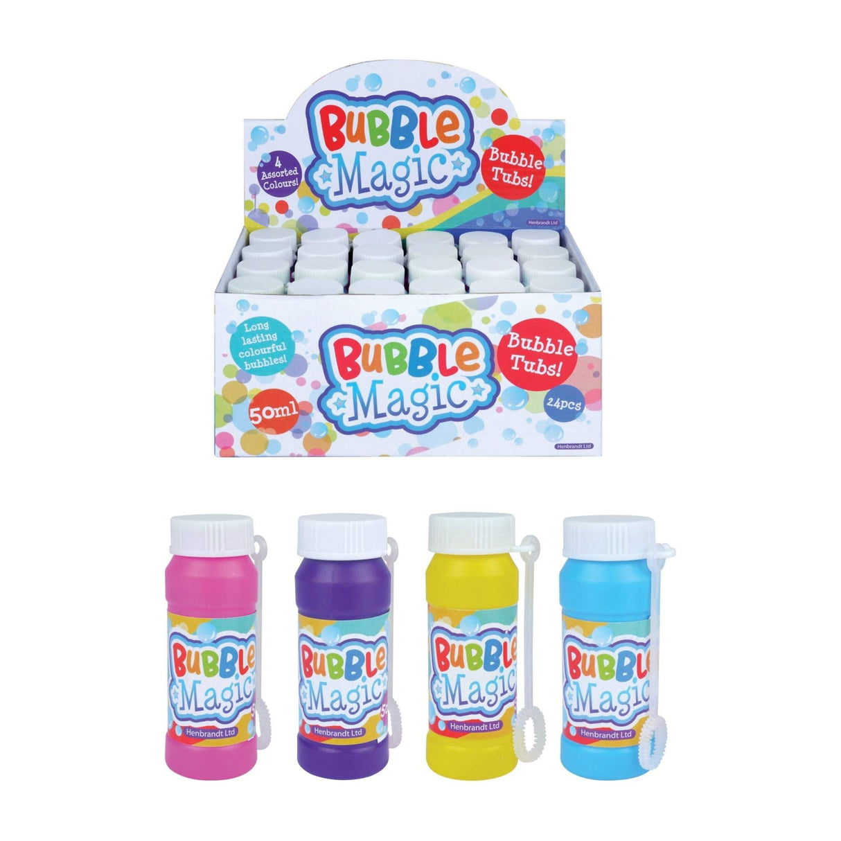 Pack of 24 Magic Bubble Tubs with Wand in 50ml, ideal for party favours and gifts, featuring four different coloured tubs.