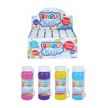Pack of 24 Magic Bubble Tubs with Wand in 50ml, ideal for party favours and gifts, featuring four different coloured tubs.
