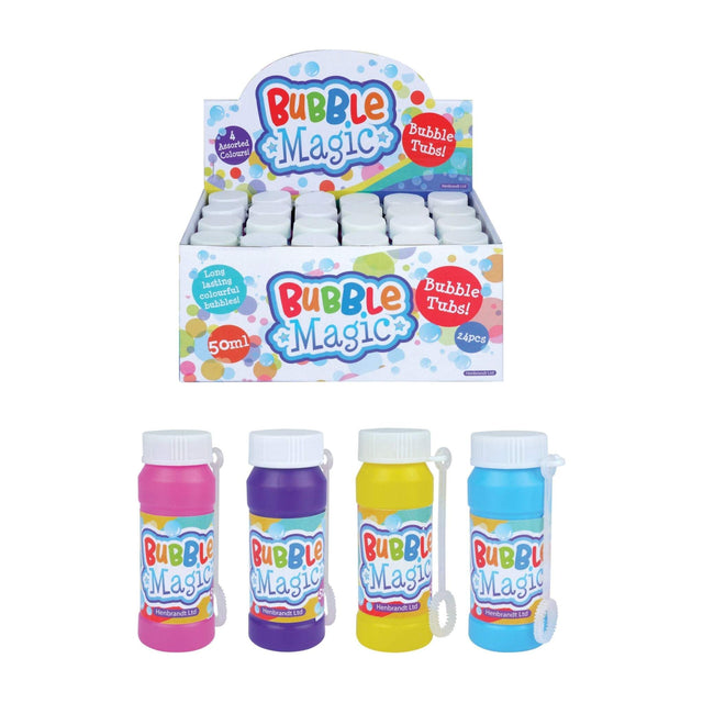 Pack of 24 Magic Bubble Tubs with Wand in 50ml, ideal for party favours and gifts, featuring four different coloured tubs.