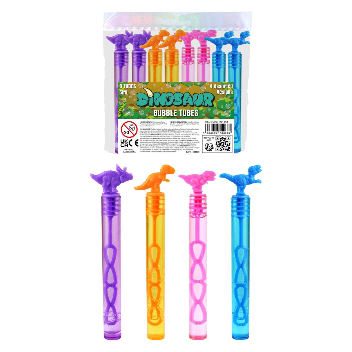 8 Pack Dinosaur Bubble Tubes 5ml Quantities of 18 Wholesale