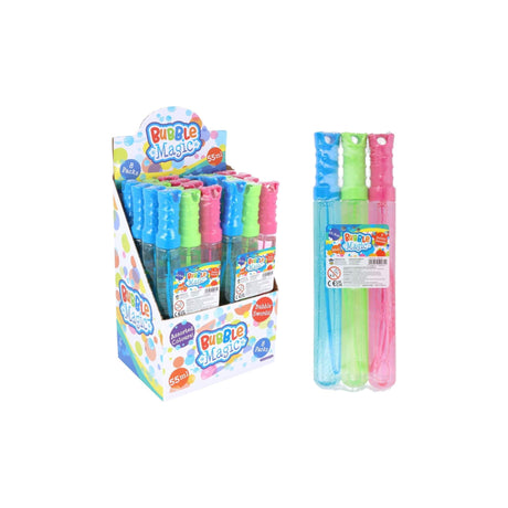 3-Piece Bubble Sword Pack with wands in blue, green, and pink, 55ml each, 22.5cm long.