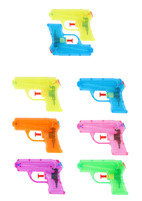 Colorful water pistols in various shades arranged in rows, perfect for summer fun.