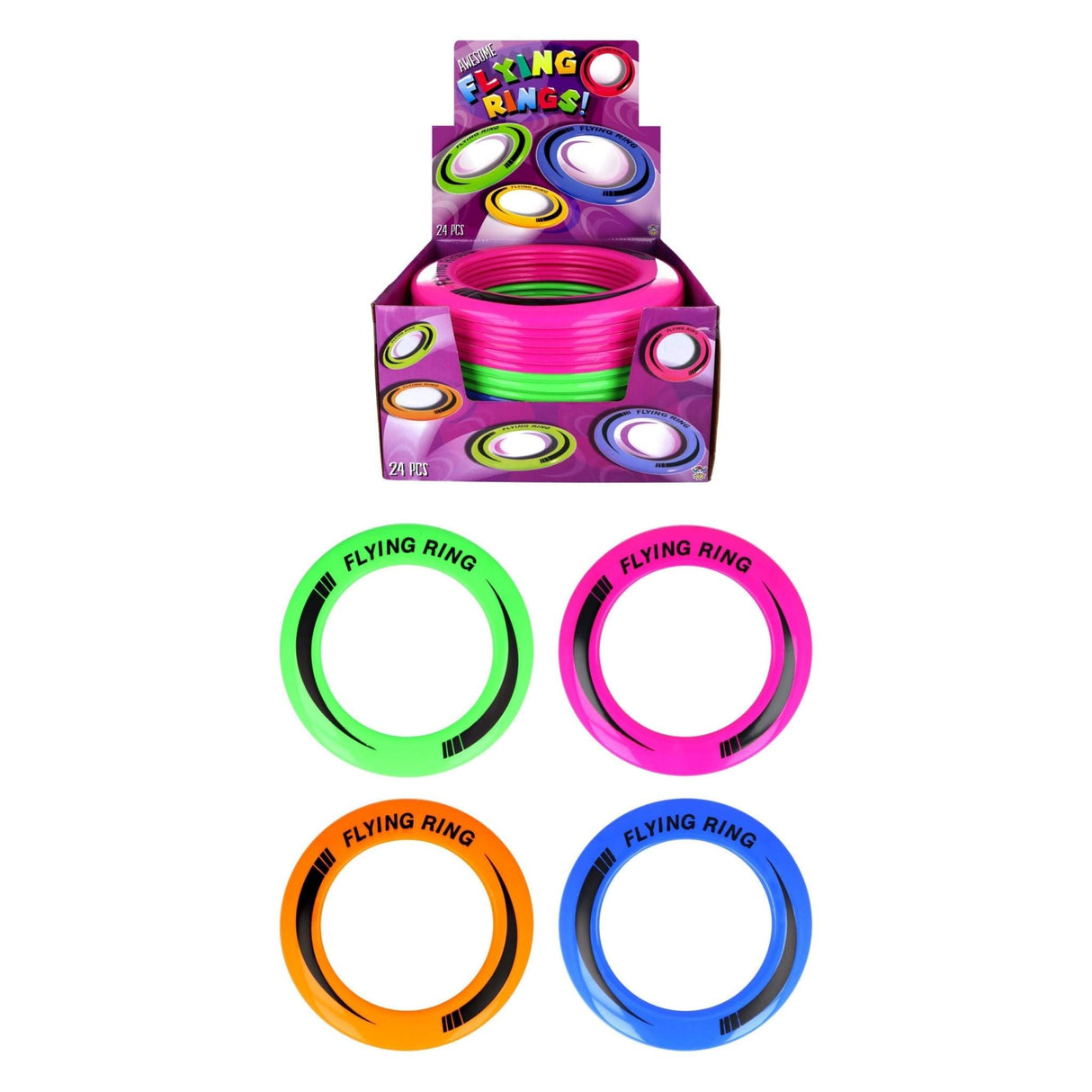 Colorful 25cm flying discs for outdoor games, available in four assorted colors.