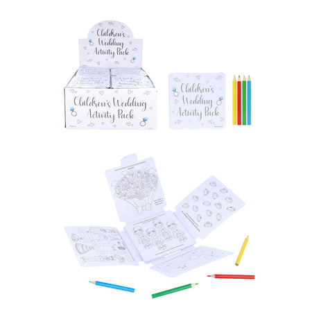 Children’s Wedding Activity Pack with games, puzzles, coloring pages, and colored pencils for kids aged 3-12.