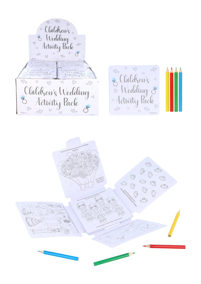 Children’s Wedding Activity Pack with games, puzzles, coloring pages, and colored pencils for kids aged 3-12.