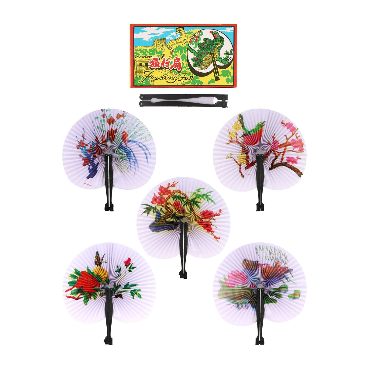 Colorful folding paper fans with plastic handles, 14cm, featuring playful designs.