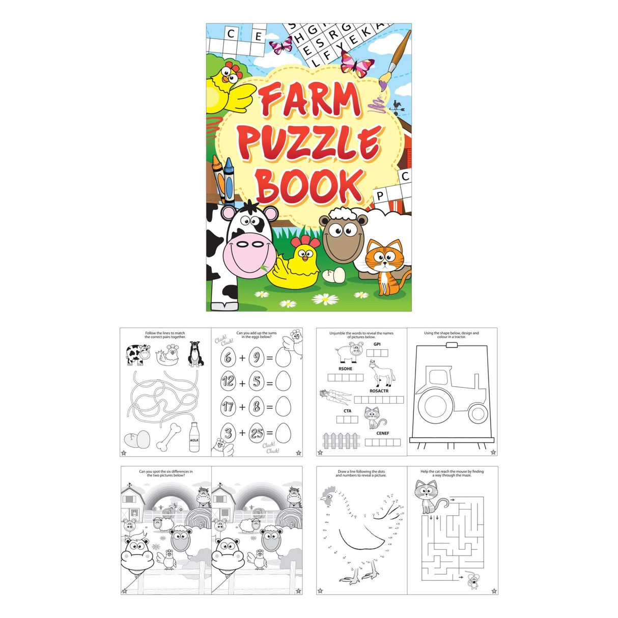 Mini Farm Puzzle Book with coloring and word puzzles, ideal for party favors and classroom activities.