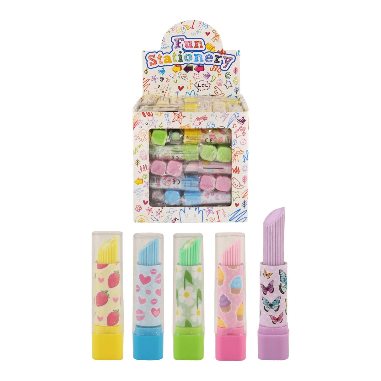 Lipstick erasers in assorted colors and designs, 7cm, fun stationery item.