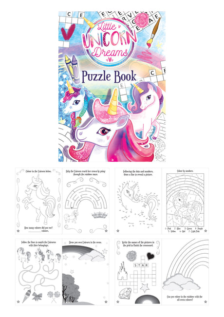 Unicorn Puzzle Book with colorful unicorn illustrations and puzzle activities.