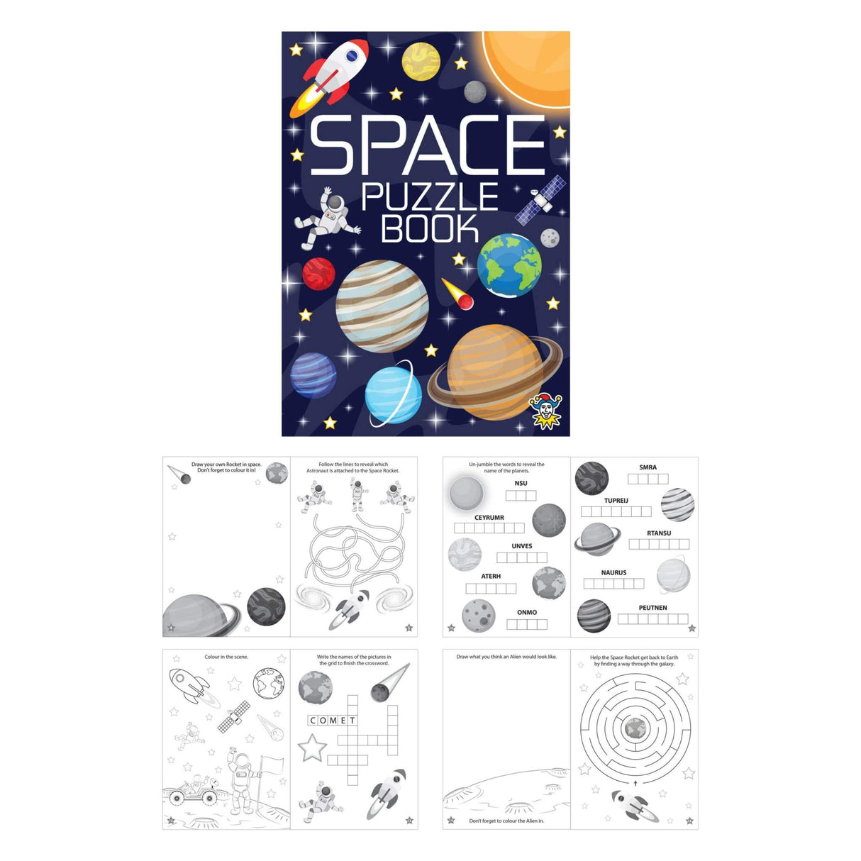 Mini Space Puzzle Book with activities, coloring, and word puzzles; ideal for party favors or classroom use.
