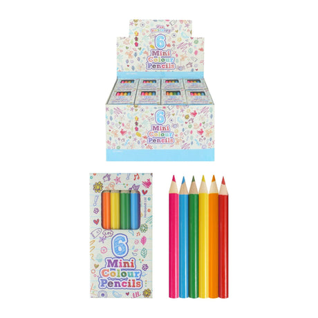 Mini colouring pencils 6-pack with vibrant colours: pink, blue, green, yellow, orange, red. Ideal for party favours and classroom use.