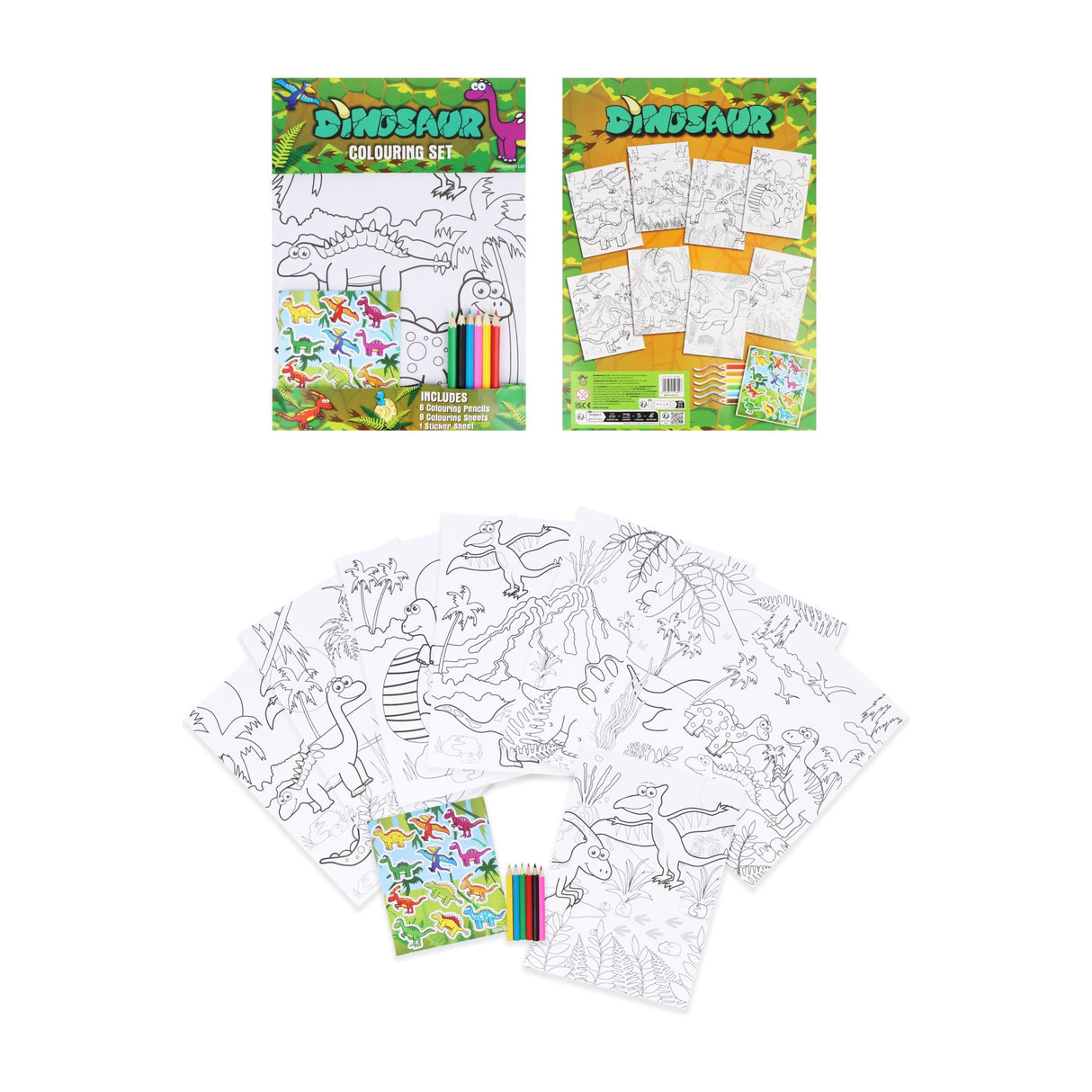 Dinosaur Colouring Set with stickers, includes coloring sheets and colored pencils for kids' entertainment.