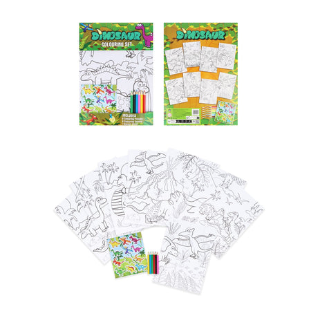 Dinosaur Colouring Set with stickers, includes coloring sheets and colored pencils for kids' entertainment.
