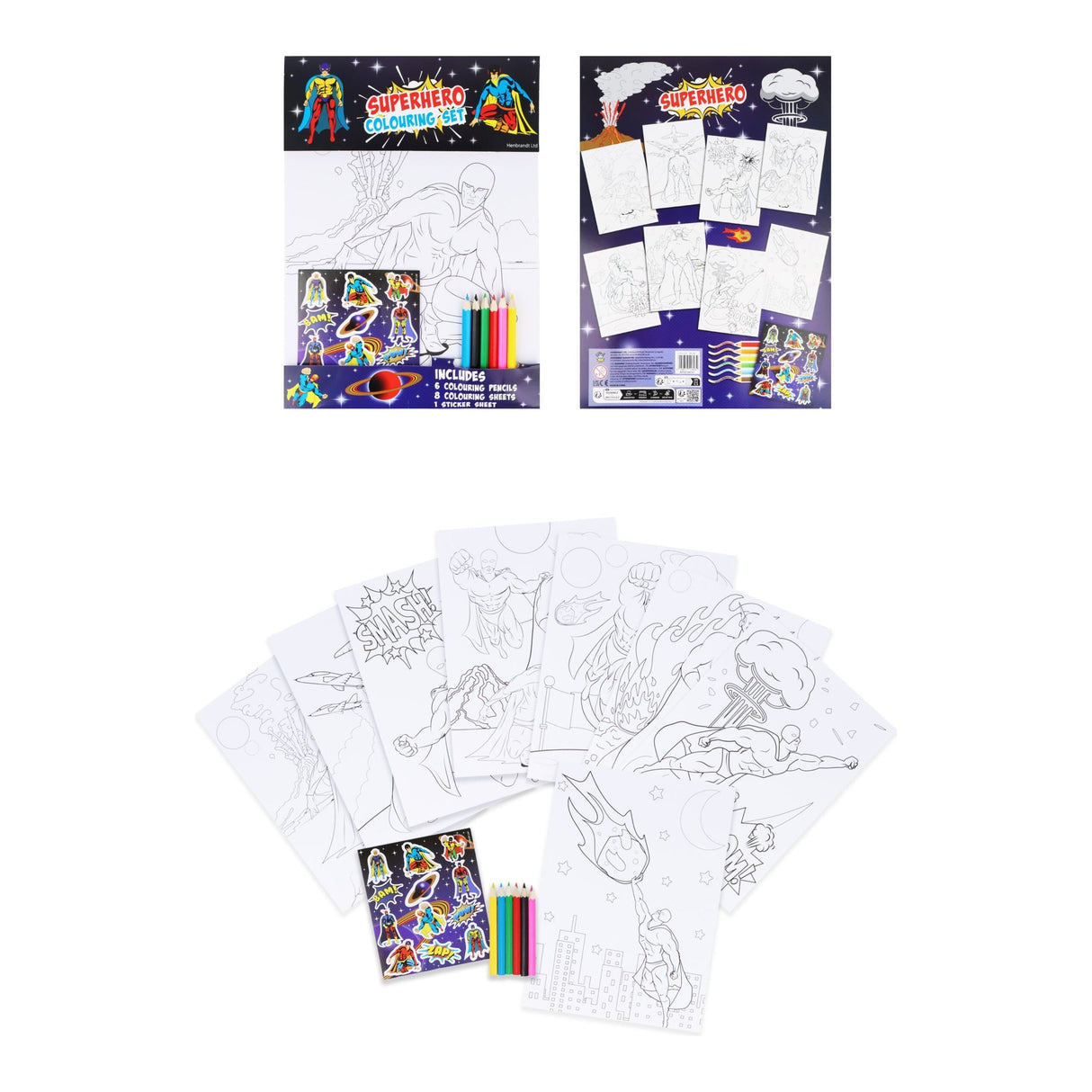 Superhero Colouring Set with stickers and vibrant coloring pages.