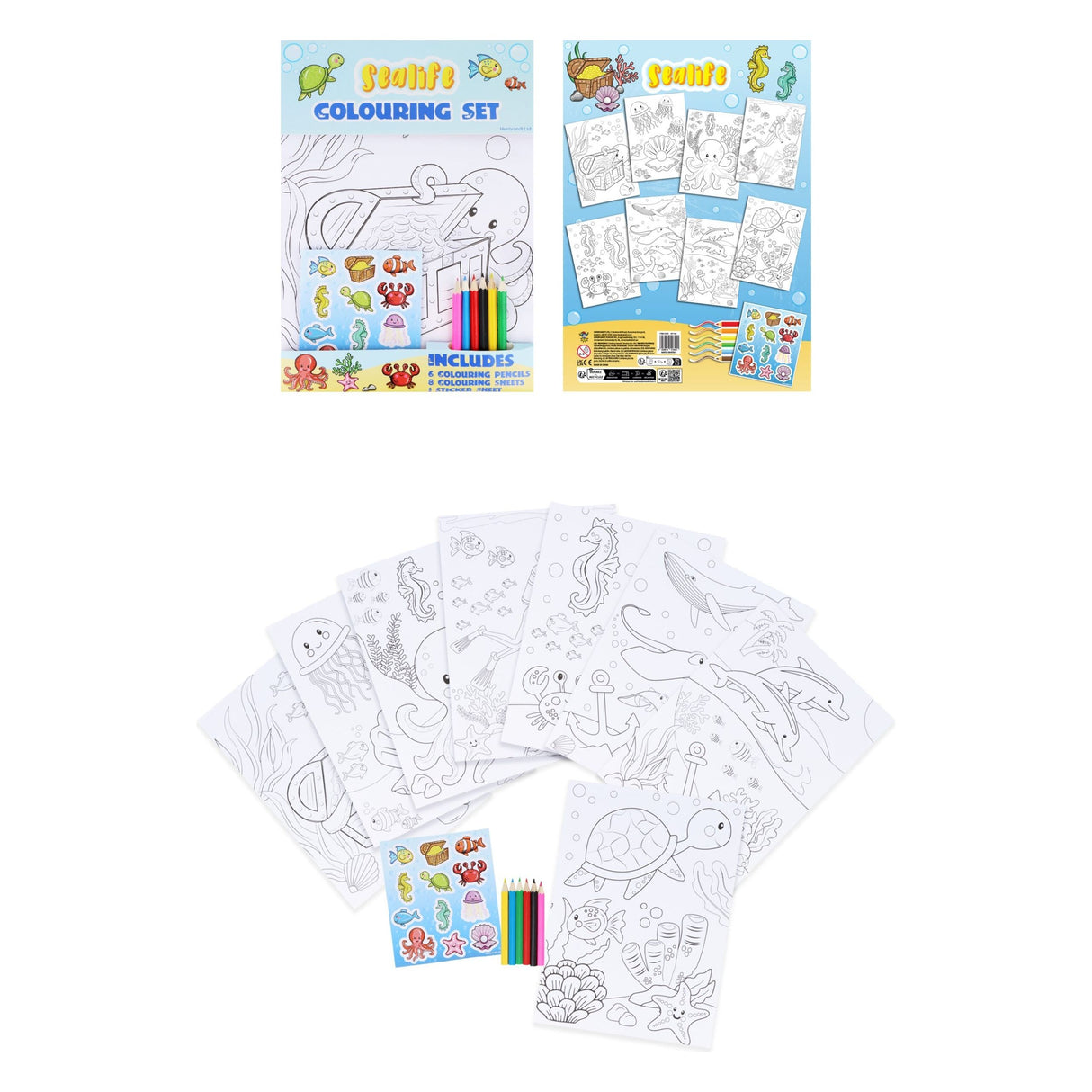 Sealife Colouring Set with Stickers for creative underwater art.