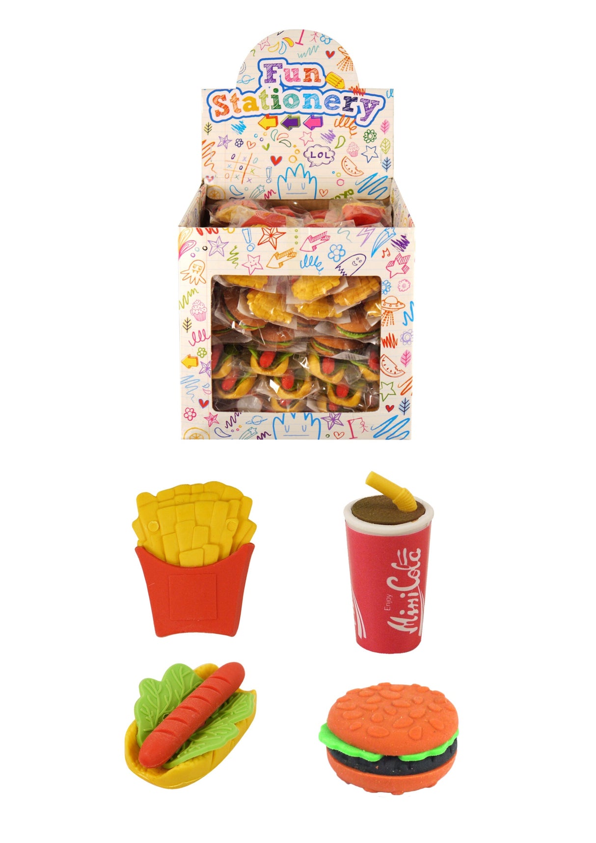 Fast Food Erasers set with fries, drink, hot dog, and burger designs.