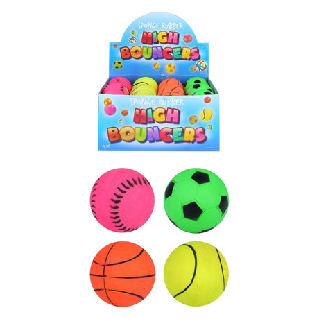 Wholesale box of assorted sports pattern hi-bounce balls with rubber sponge material.