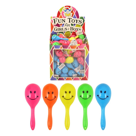 Mini smile face maracas in 5 assorted colors, ideal party favors, 7cm size.
