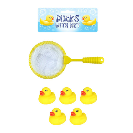 Ducks with Net toy set featuring yellow rubber ducks and a yellow net.