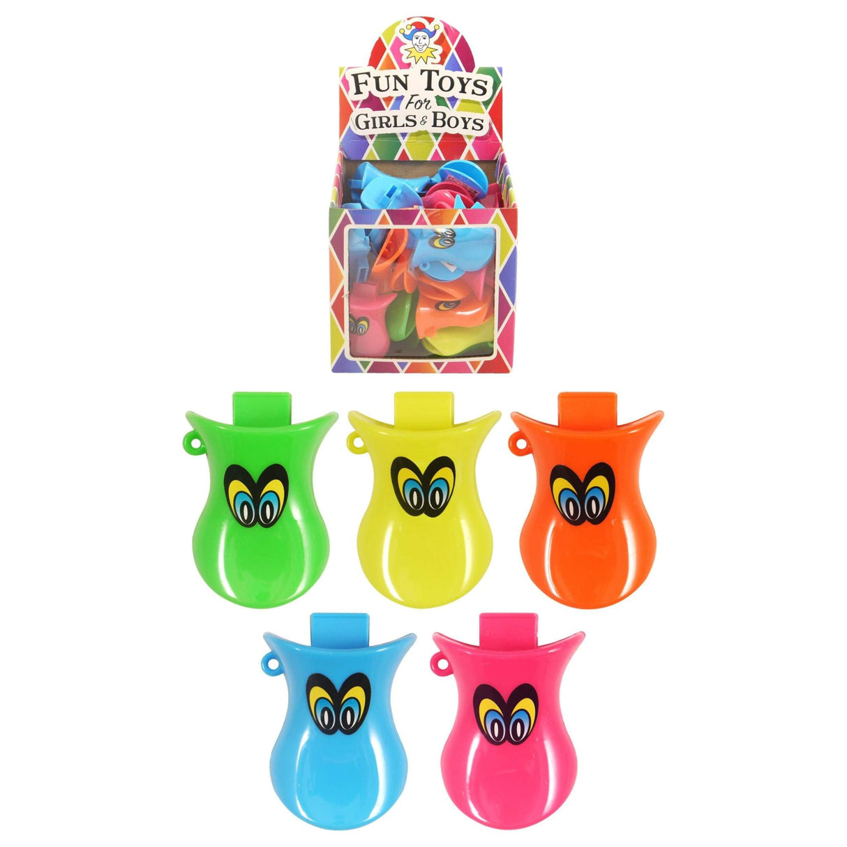 Colorful whistle ducks in 5 assorted colors, ideal for party favors and noisemakers.