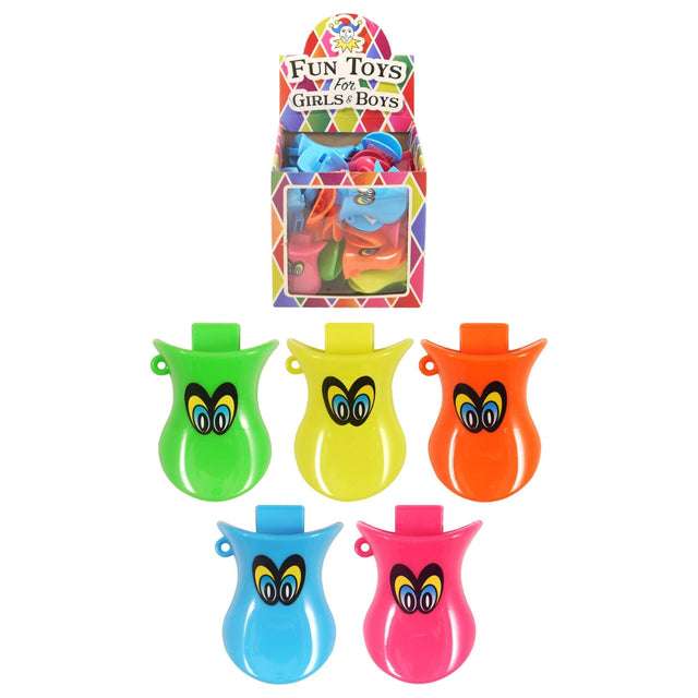 Colorful whistle ducks in 5 assorted colors, ideal for party favors and noisemakers.