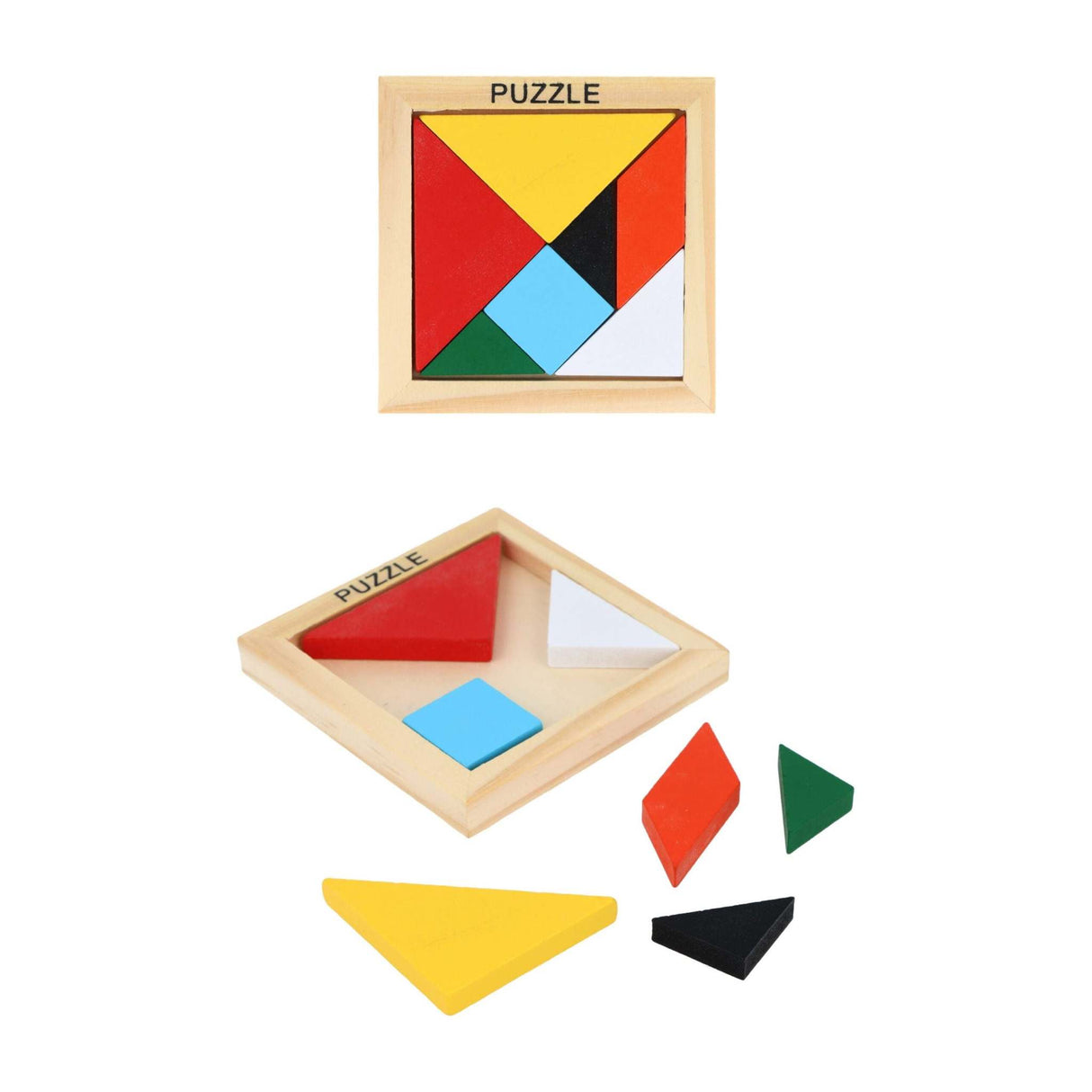 Wooden puzzle game with 7 colorful pieces in a 9.5x10x1.5cm frame.